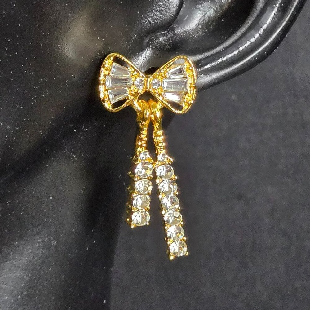 Gold Tone Rhinestone Bow Drop Earrings Sparkling Crystal Dangle Statement Glam